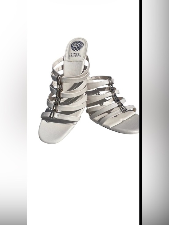 Vince Camuto Shoes - Vince Camuto White Strappy Chain-Accent Slide Mules